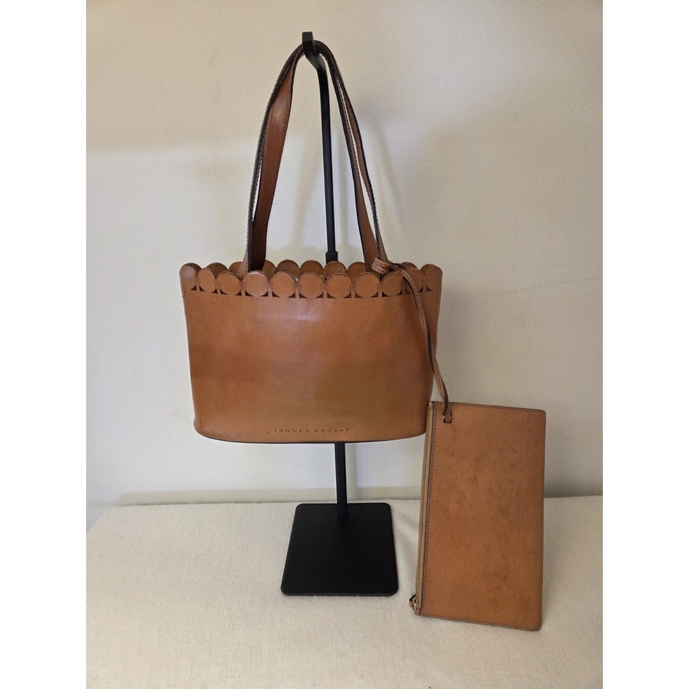 Tanner Krolle Tan Italian Leather Basket Shoulder Bag Laser Cut Detail W/ Pouch
